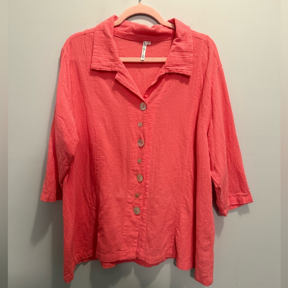 Lulu-B Coral Button Down Shirt 1X 100% Cotton Vacation Resortwear